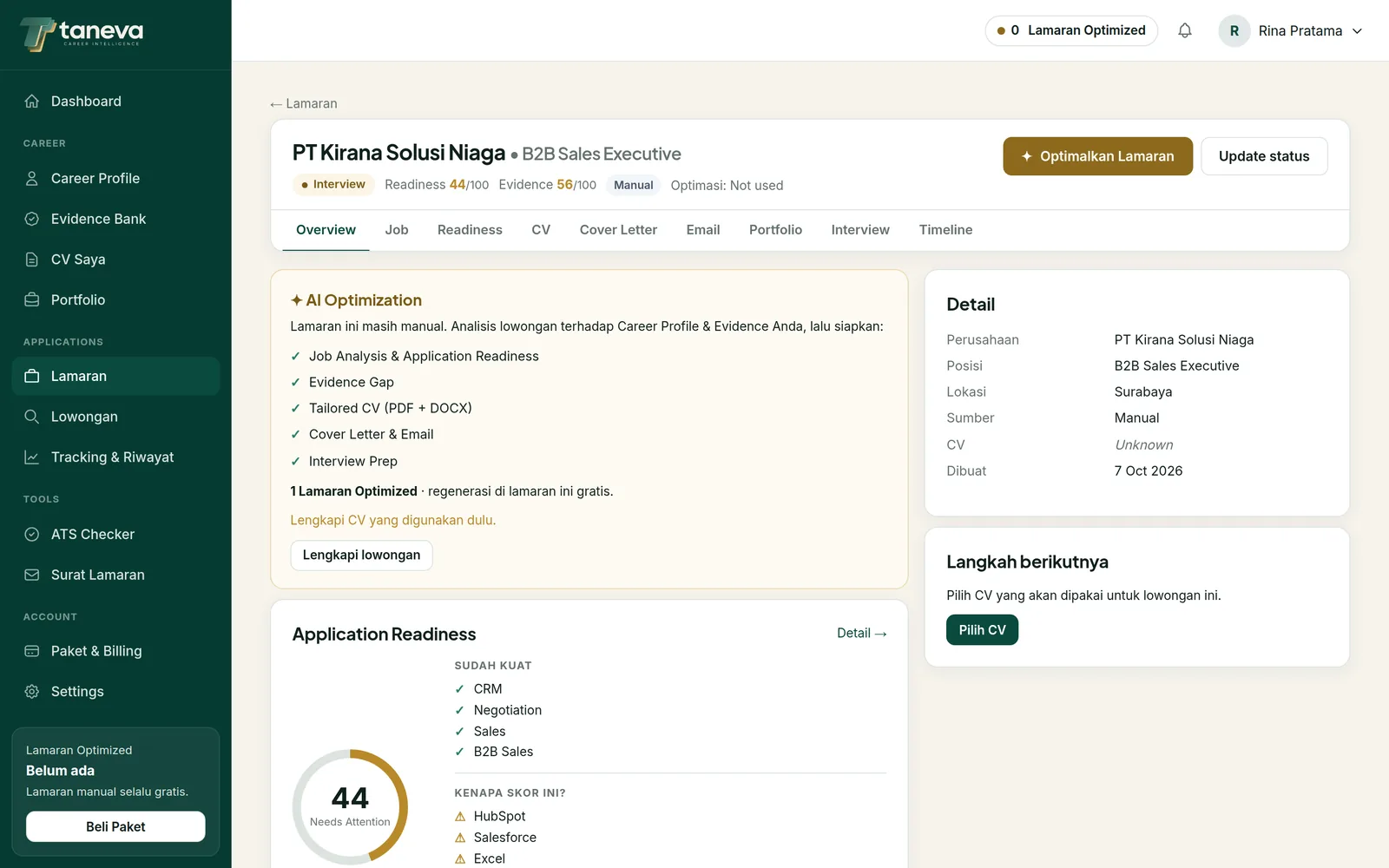 Application Workspace TANEVA: Readiness dan gap per lowongan